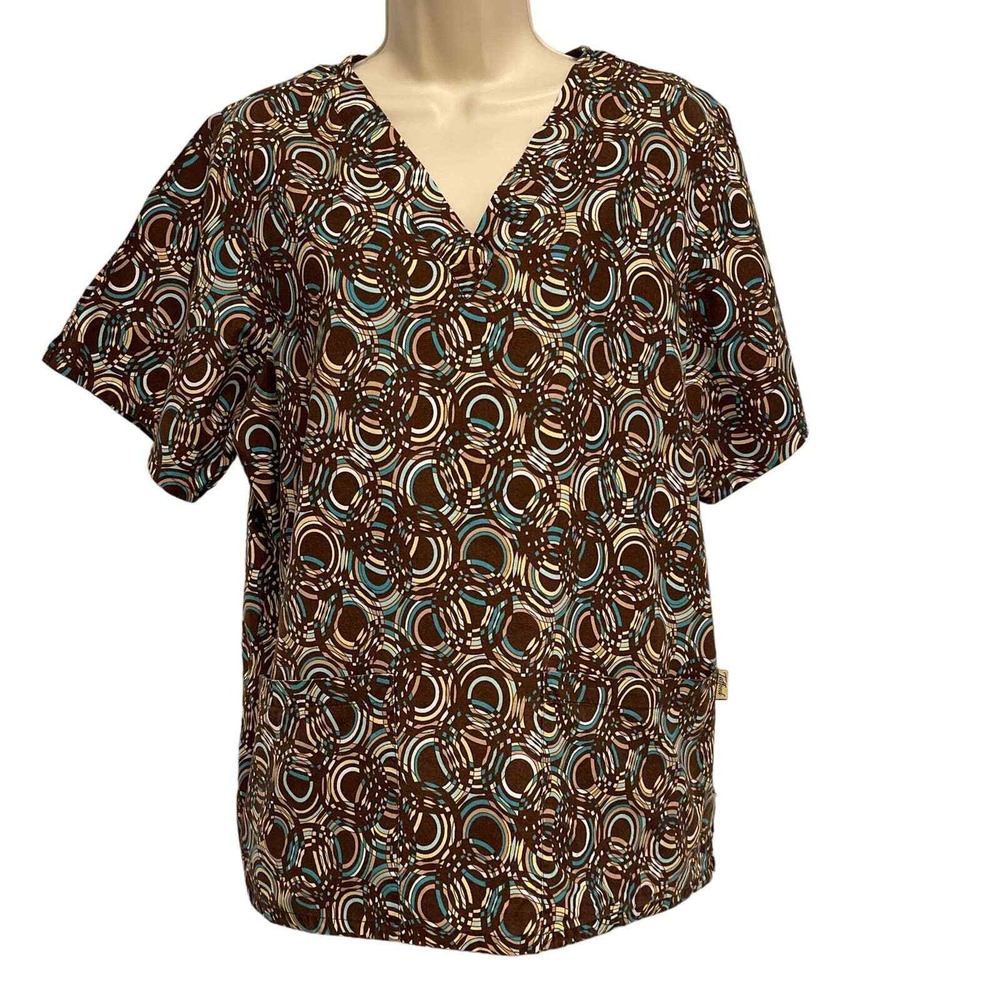 Tafford Uniforms Scrub Top Womens XL Brown Teal Geometric Circle Print Cotton‎